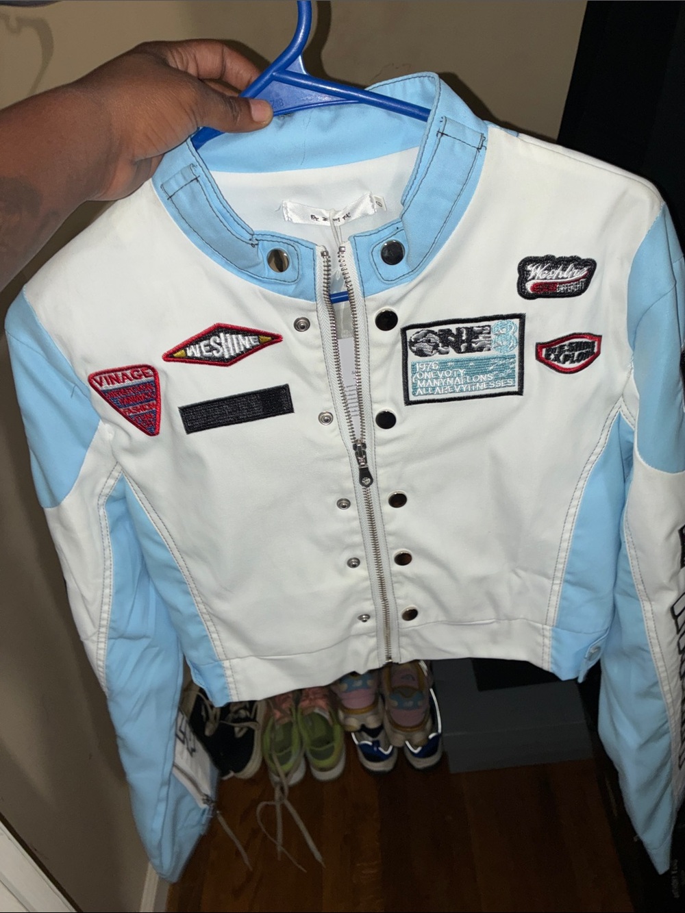Light Blue & White Women's Patch Detail Bomber Jacket